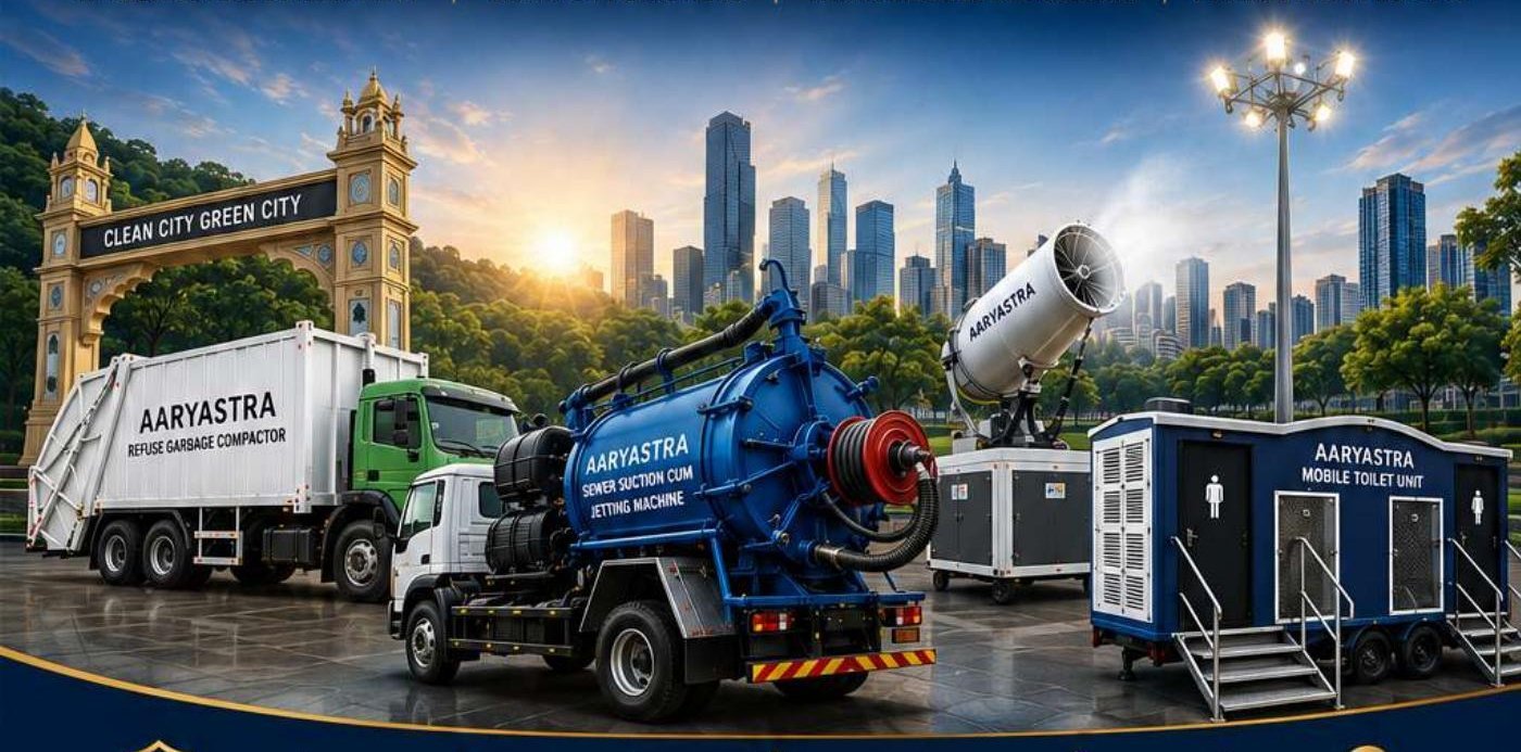 Aaryastra refuse compactor, sewer suction machine, mist cannon and mobile toilet unit parked in front of a city skyline