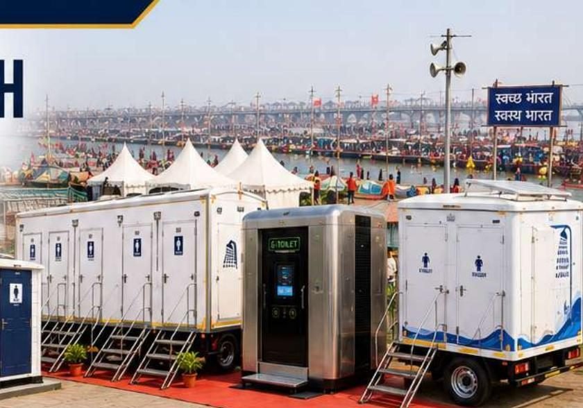 Mobile toilet units, FRP cabins and an e-toilet at a public gathering