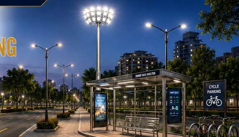 High mast lights, street lights and a smart bus shelter at night