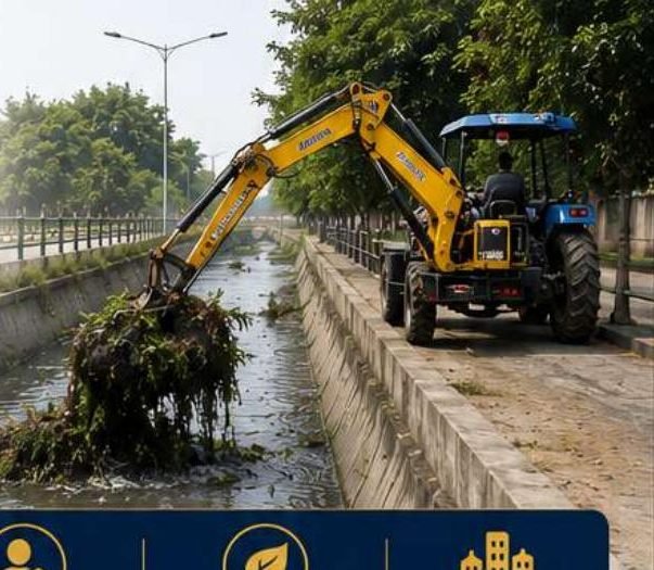Nala cleaning machine desilting a drain