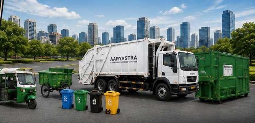 Aaryastra refuse garbage compactor, e-rickshaw, hand cart and dustbins