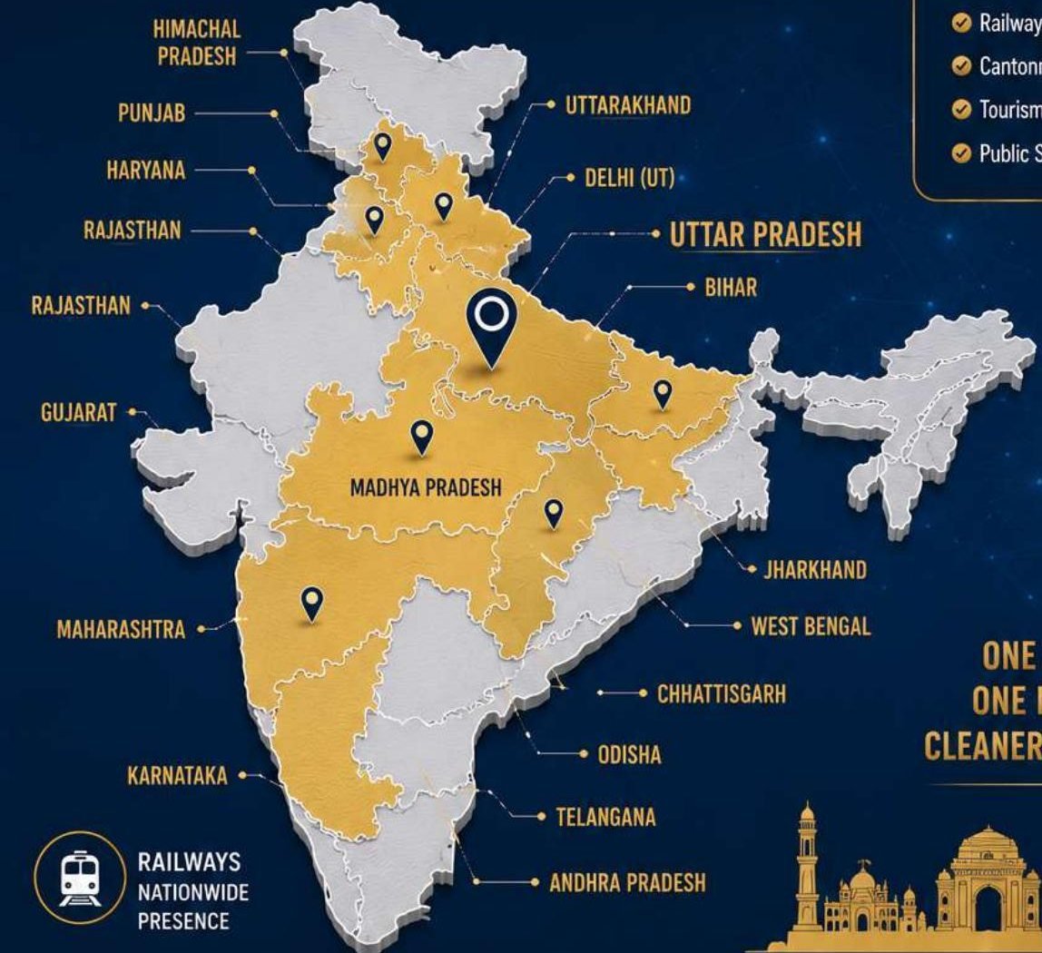 Map of India with served states highlighted in gold, centred on Uttar Pradesh